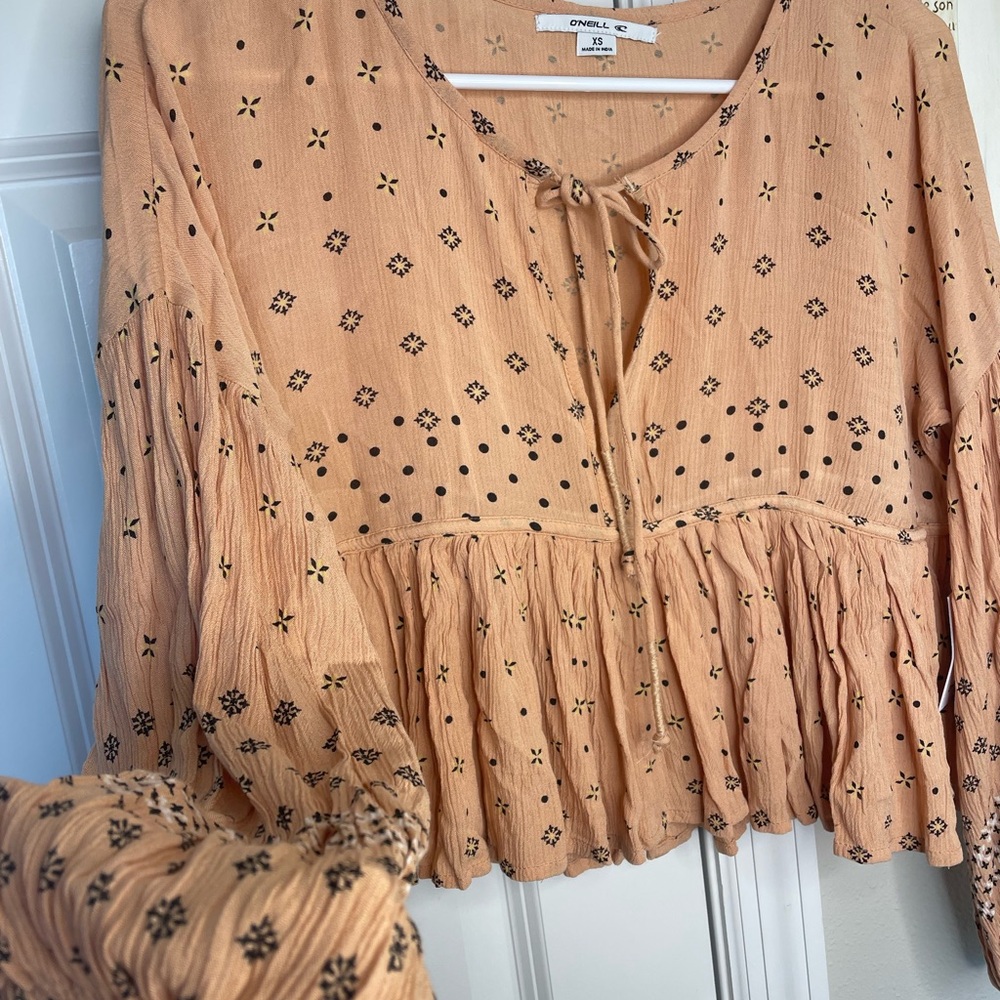 O’Neill Boho Peasant Top NWT Women’s XS Tie Front Babydoll Blouse Festival